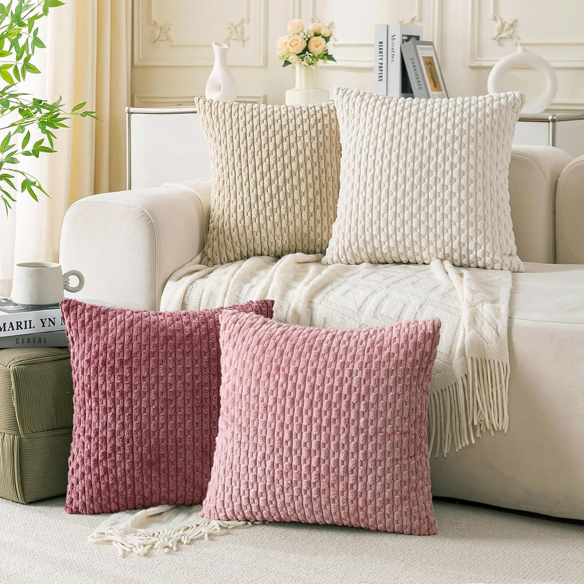 Set of 4 Pink Beige White Decorative Throw Pillow Covers 18x18 Inch Corduroy Pillow Covers for Bed Couch Sofa Living Room Soft Square Cushion Cases