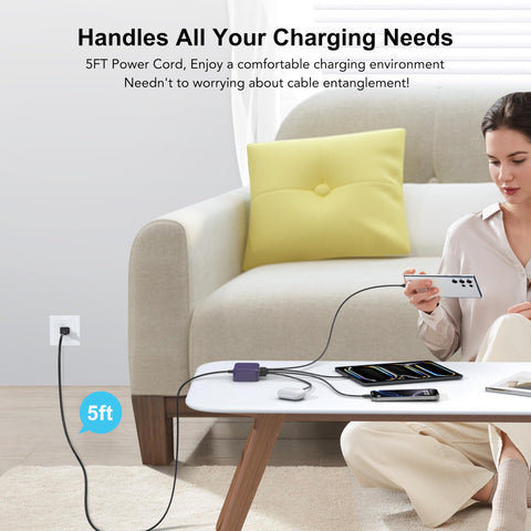 USB C Fast Charger, 100W GaN 6 Port Type USB C Charging Station Hub Block Cube, USB C Wall Charger Power Strip Adapter Plug for iPad iPhone 16 15 14 13 12 Pro Max Pixel Note Galaxy, 5ft Cord