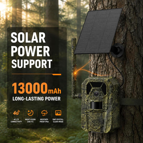 MagicEagle® Cellular Trail Camera 4G Wild Game Cameras 13,000 mAh Battery Solar Panel 2K Audible Video No-Glow IR Night Vision IP66 Waterproof for Wildlife Deer Monitoring Home Security (Army Green)