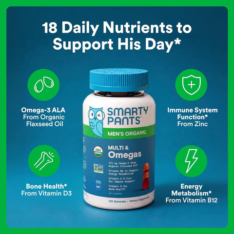 SmartyPants Multivitamin for Men, Organic Gummies: Methylfolate, Omega 3 (ALA), Vitamin D3, C, Vitamin B12, B6, A, K & Zinc for Immune Support, Biotin, Vegetarian, 120 Gummies (30 Day Supply)