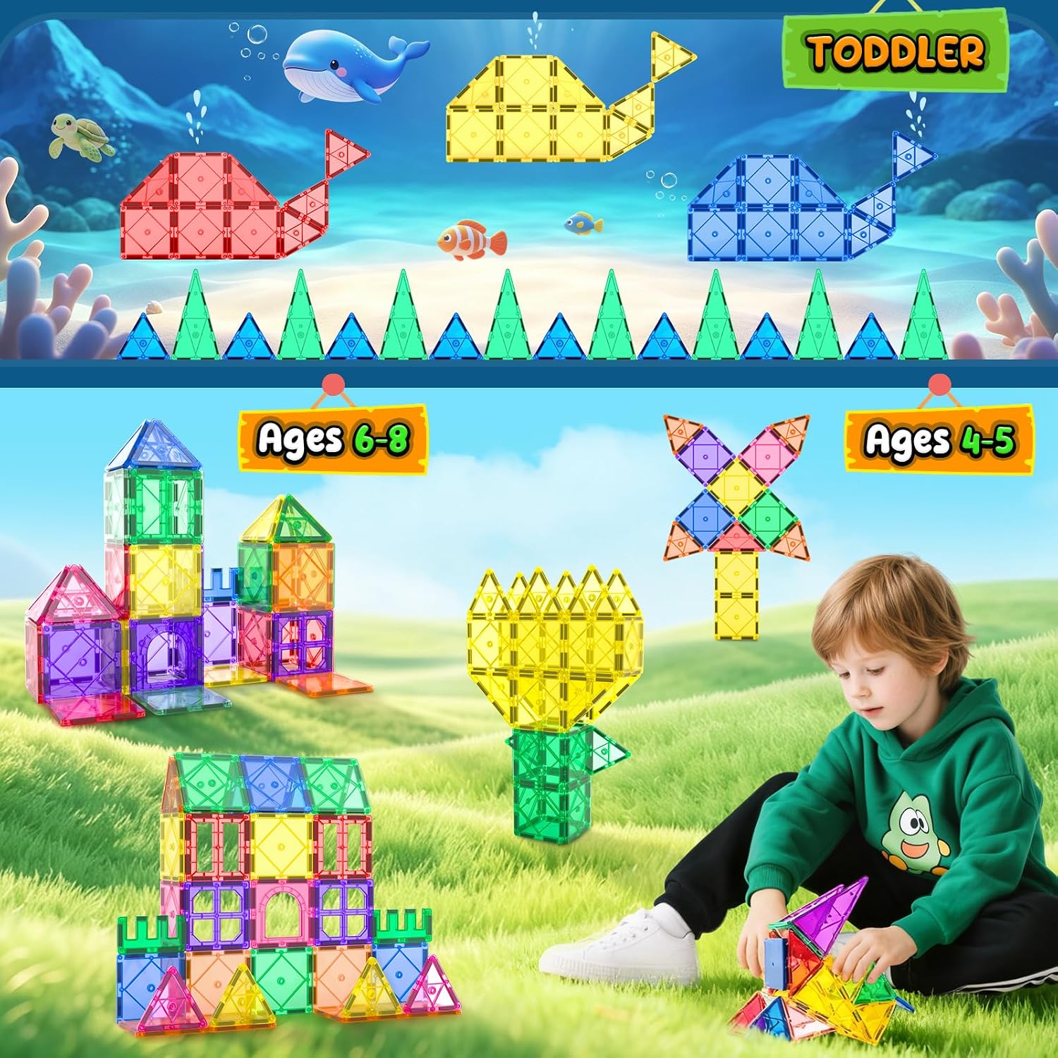 Magnetic Tiles Toddler Toys Magnetic Building Blocks for Kids Ages 3-12 STEM Educational Toys for Girls & Boys Sensory Toys for Kids with Autism Classroom Must Haves Outdoor Toys