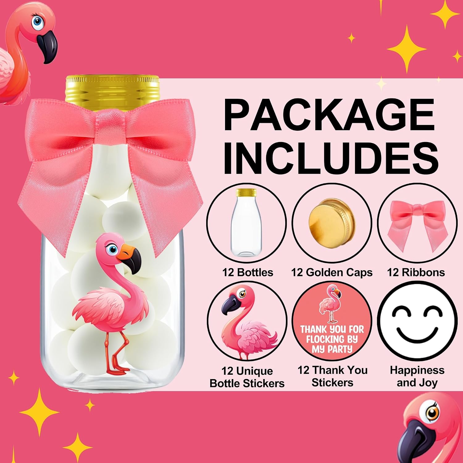 Ethisa Small 12 Pack Flamingo Party Favors - DIY Candy Jars with Ribbons and Stickers - Party Decoration Bottles for Birthday, Baby Shower and Bachelorette - Pink Table Centerpiece for Adults
