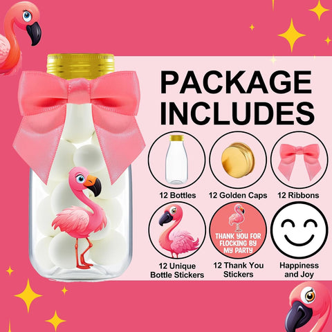 Ethisa Small 12 Pack Flamingo Party Favors - DIY Candy Jars with Ribbons and Stickers - Party Decoration Bottles for Birthday, Baby Shower and Bachelorette - Pink Table Centerpiece for Adults