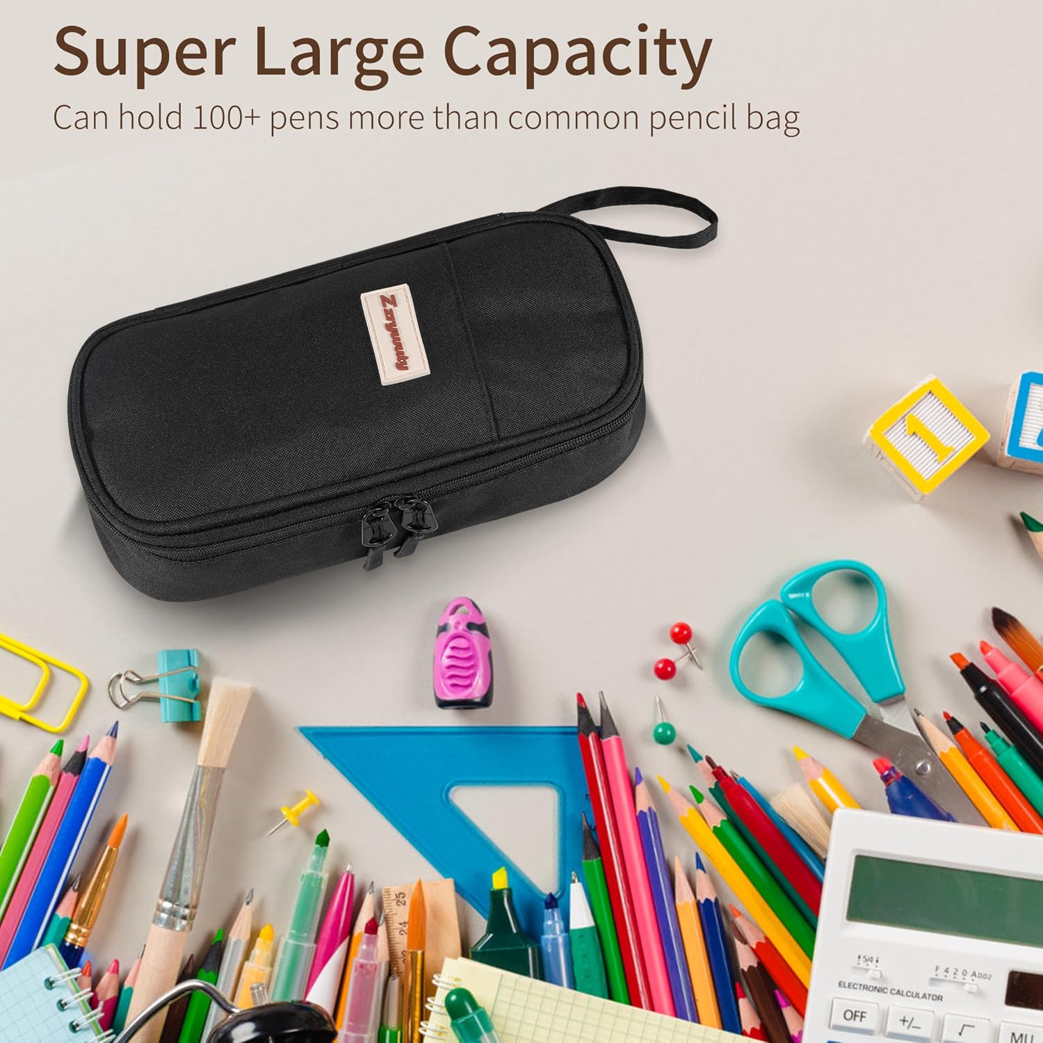 Zzrywuty Pen Case with Zipper Pencil Pouch for Office Travel Portable Large Pencil Case Pouch for Teen Girls & Boys,Black