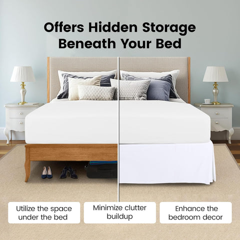 Queen Bed Skirt, Hides Under-Bed Storage 16 Inch Drop, Pleated, White