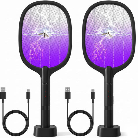 2 Pack Electric Fly Swatter Rechargeable Bug Zapper Racket, Max 4500V-Black