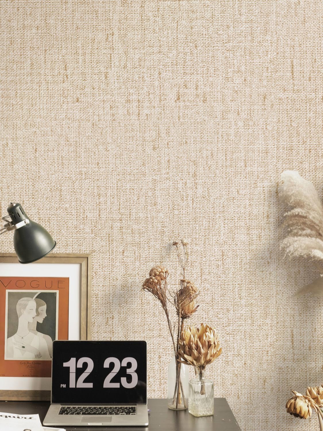 Beige Grasscloth Peel and Stick Wallpaper Textured 15.7in x 787.4in