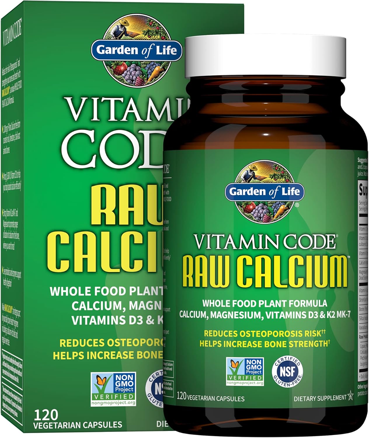 Garden of Life Raw Calcium Supplement for Women and Men - Vitamin Code Made from Whole Foods with Magnesium, K2, Vitamin D3 and Vitamin C plus Probiotics for Digestion, 120 Capsules