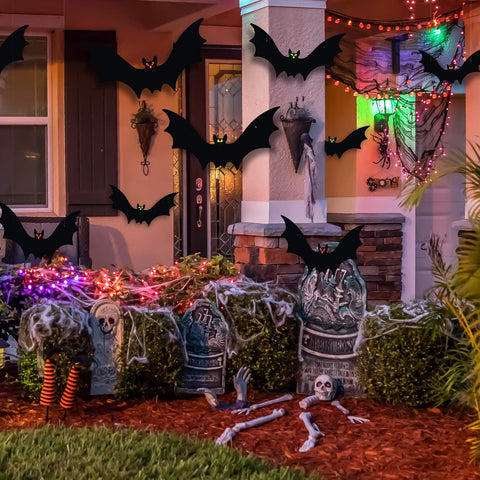 Hanging Bats Halloween Decorations 12pcs 3D Realistic Halloween Hanging Flying Bat with Glowing Eyes for Outdoor (3 Styles)