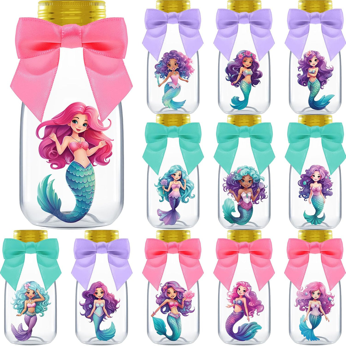 Ethisa Small 12 Pack Mermaid Party Favors - DIY Candy Jars with Ribbons and Stickers - Party Decoration Bottles for Birthday, School Classroom, and Baby Shower - Mermaid Table Centerpiece for Girls