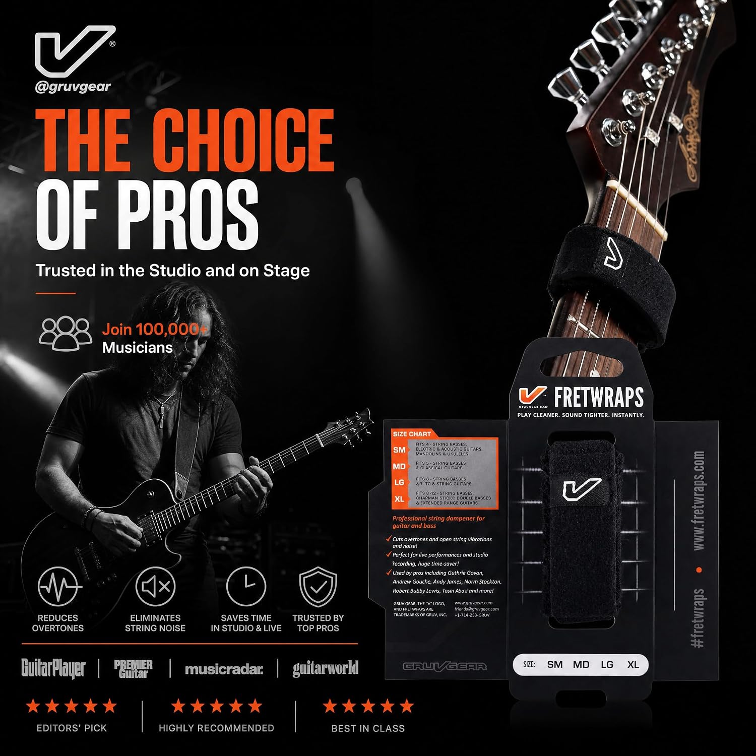 Gruv Gear Fret Wrap & Guitar Mute, Fretwrap for Acoustic, Electric & Bass | String Dampener Recording, Tapping & Practice Accessory (1 Pack, Large Black, Fits 6 String Bass, 8 String Guitar)