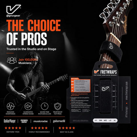 Gruv Gear Fret Wrap & Guitar Mute, Fretwrap for Acoustic, Electric & Bass | String Dampener Recording, Tapping & Practice Accessory (1 Pack, Large Black, Fits 6 String Bass, 8 String Guitar)