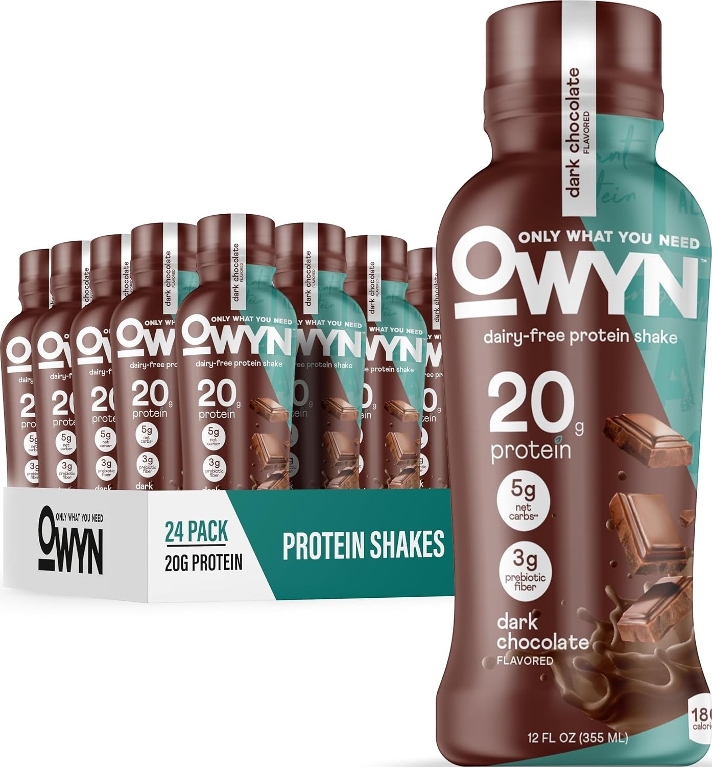 OWYN Only What You Need Dark Chocolate Flavored 20g Protein Shake, 12 Ct | 20g Protein, 4g Sugar, 3g Prebiotic Fiber, Dairy Free, Plant Protein, Gluten Free, Individual 12fl oz Bottles