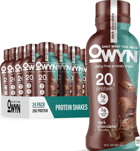 OWYN Only What You Need Dark Chocolate Flavored 20g Protein Shake, 12 Ct | 20g Protein, 4g Sugar, 3g Prebiotic Fiber, Dairy Free, Plant Protein, Gluten Free, Individual 12fl oz Bottles