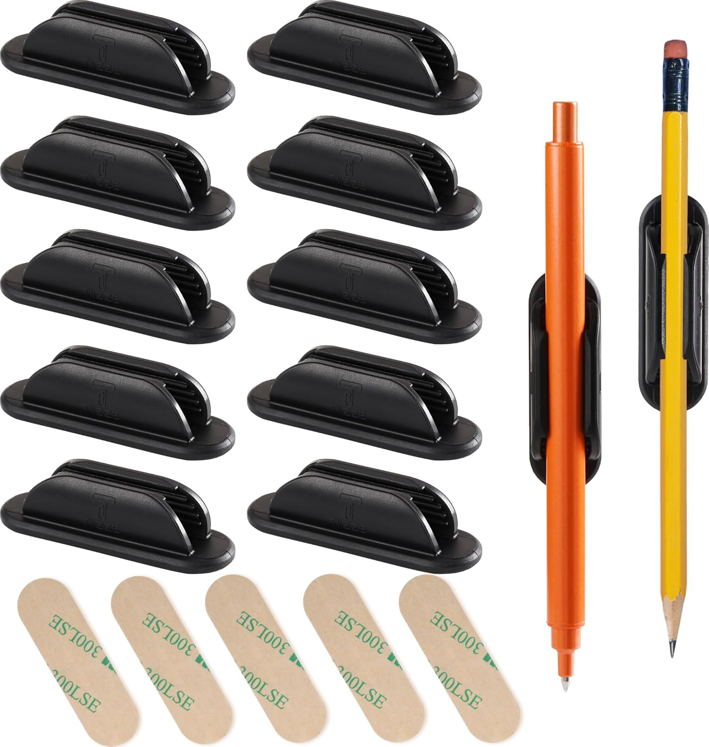 Tiizze 10 Pack Adhesive Pencil Holder for Desk, Silicone Pen Holder for Wall, Clipboard & Laptop with 15 Upgraded Sticky Pads, Rugged Grip Pencil Holders for Classroom Teacher Essentials (Black)