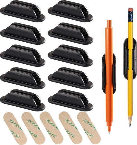 Tiizze 10 Pack Adhesive Pencil Holder for Desk, Silicone Pen Holder for Wall, Clipboard & Laptop with 15 Upgraded Sticky Pads, Rugged Grip Pencil Holders for Classroom Teacher Essentials (Black)