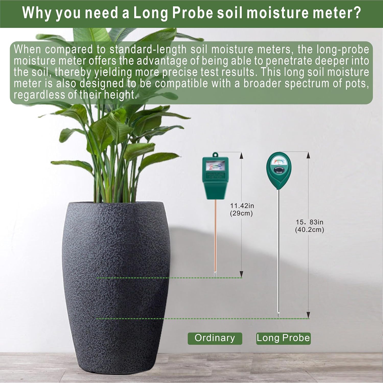 XLUX Long Probe Plant Soil Moisture Meter, Indoor Outdoor use, Battery-Free