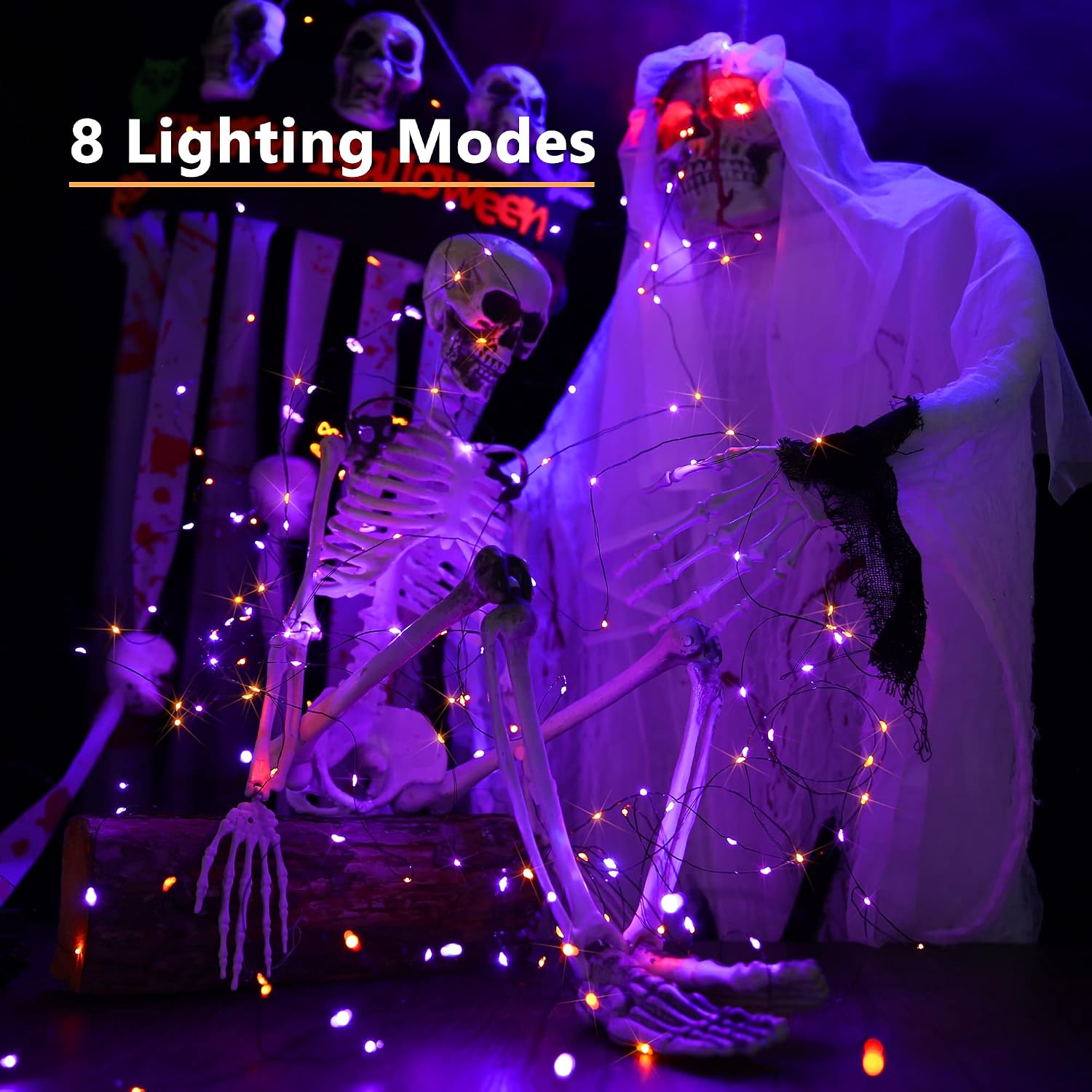 Brizled Solar Halloween Lights Outdoor, 2 Pack Total 240 LED Orange Purple