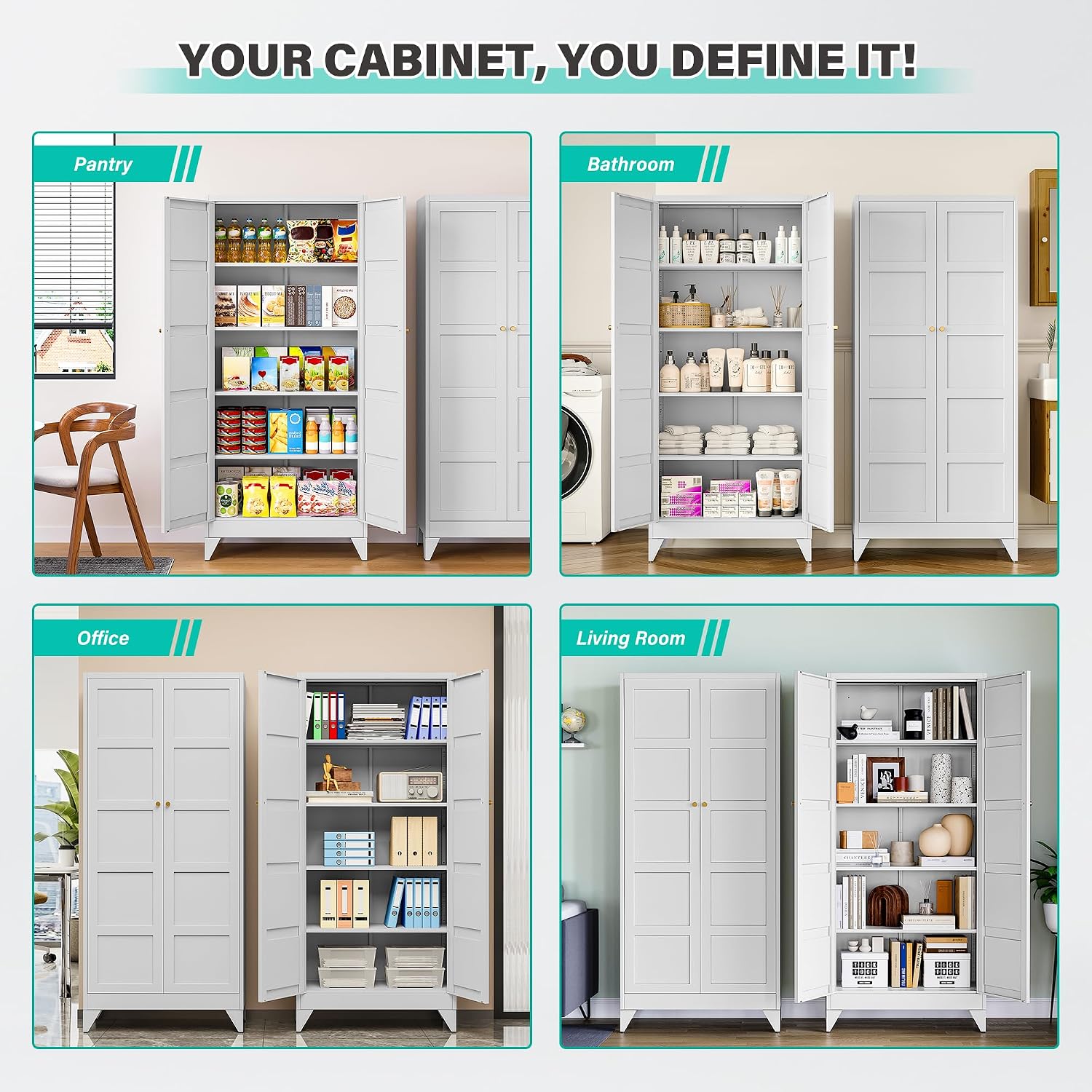 SISESOL Pantry Storages Cabinet with 2 Doors and 5 Shelves,Tall Storage Cabinet,Large Cupboard Closet,Metal Storage Cabinet for Home,Bathroom,Dining/Living Room (White, 71" H)