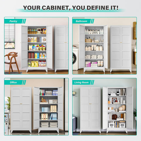 SISESOL Pantry Storages Cabinet with 2 Doors and 5 Shelves,Tall Storage Cabinet,Large Cupboard Closet,Metal Storage Cabinet for Home,Bathroom,Dining/Living Room (White, 71" H)