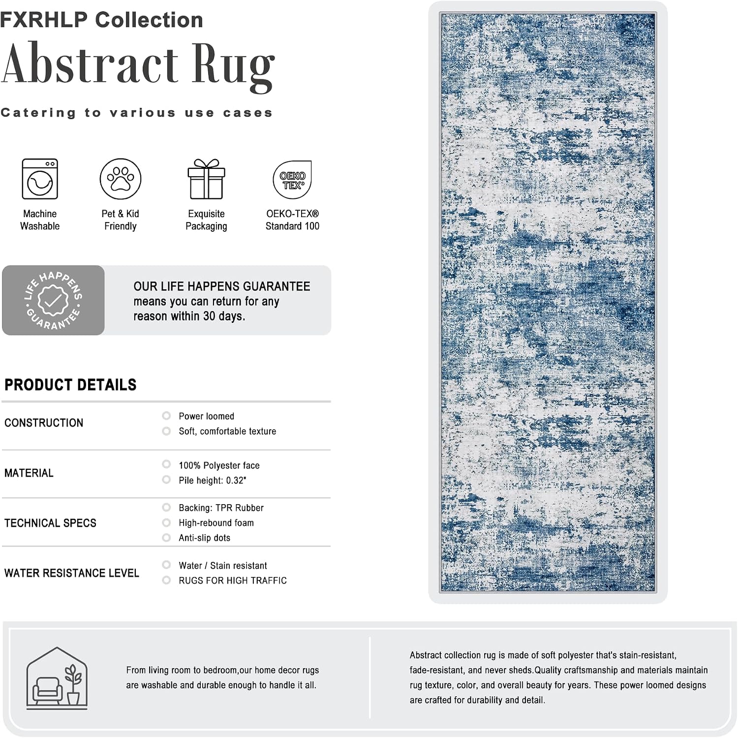 3x8 Washable Runner Rug：Modern Abstract Kitchen Soft Carpet Blue