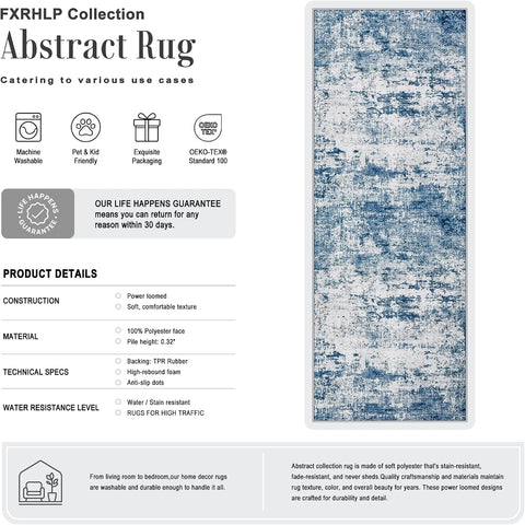3x8 Washable Runner Rug：Modern Abstract Kitchen Soft Carpet Blue