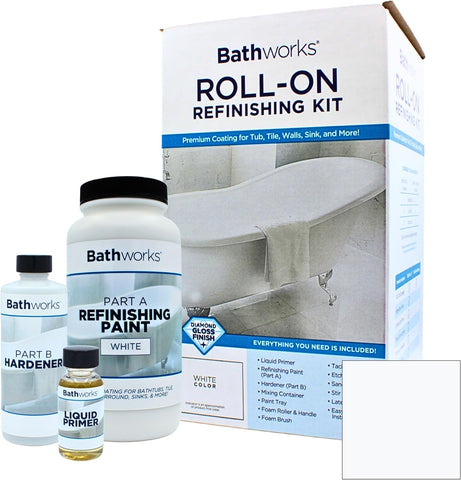 Bathworks Roll-On Refinishing Kit - 22 fl oz, High Gloss White, Professional-Grade DIY Coating with Tools Included - Durable Non-Yellowing Finish for Bathtubs, Tile, Sinks & Showers