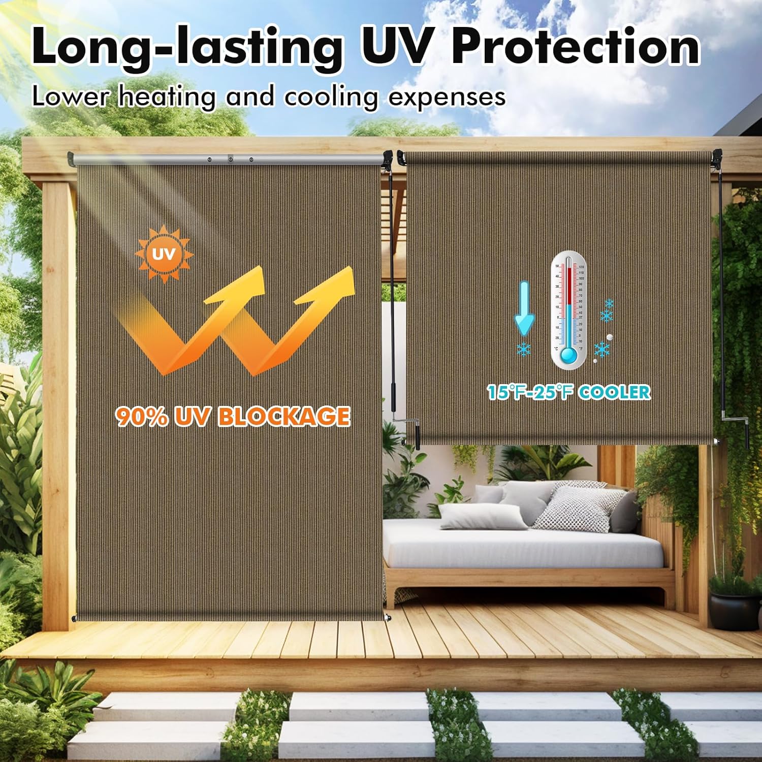 Artpuch Outdoor Roller Shade 6' W x 8' H, Walnut Exterior Cordless Patio Shades Roll Up Blinds with Spliced Pole Design, (2 Poles, One-Piece Fabric)