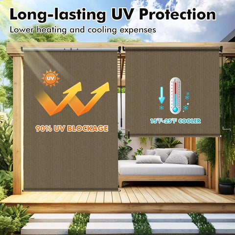 Artpuch Outdoor Roller Shade 6' W x 8' H, Walnut Exterior Cordless Patio Shades Roll Up Blinds with Spliced Pole Design, (2 Poles, One-Piece Fabric)