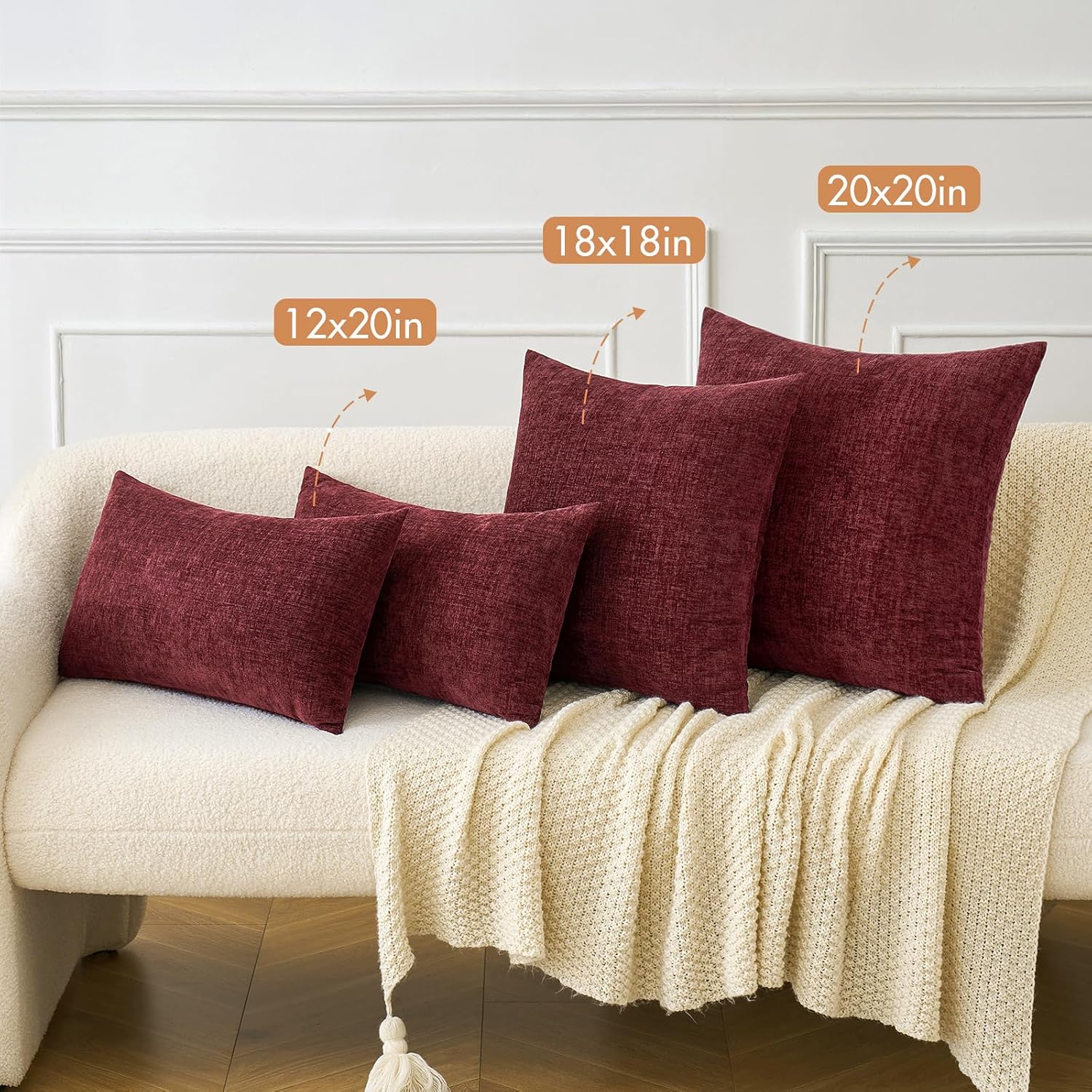 MIULEE Soft Chenille Throw Pillow Covers Burgundy 20x20 Inch Pack of 2