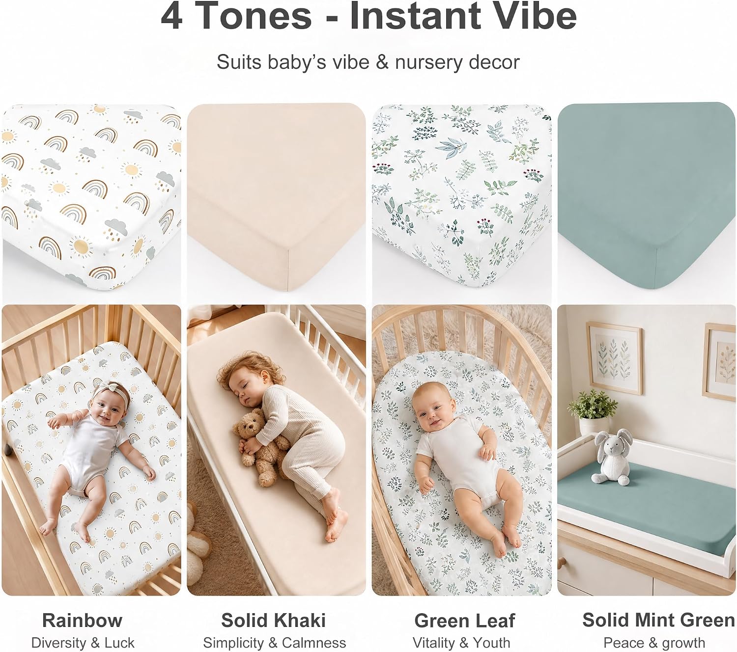 4 Pack Bassinet Sheets (20" x 33"), Compatible with Angelbliss, YADAQE, Maxi-COSI Iora/Swift, Pamobabe, BIERUM and Papablic Baby Bassinet, Soft and Skin-Friendly, Mint Green and Color Rainbow