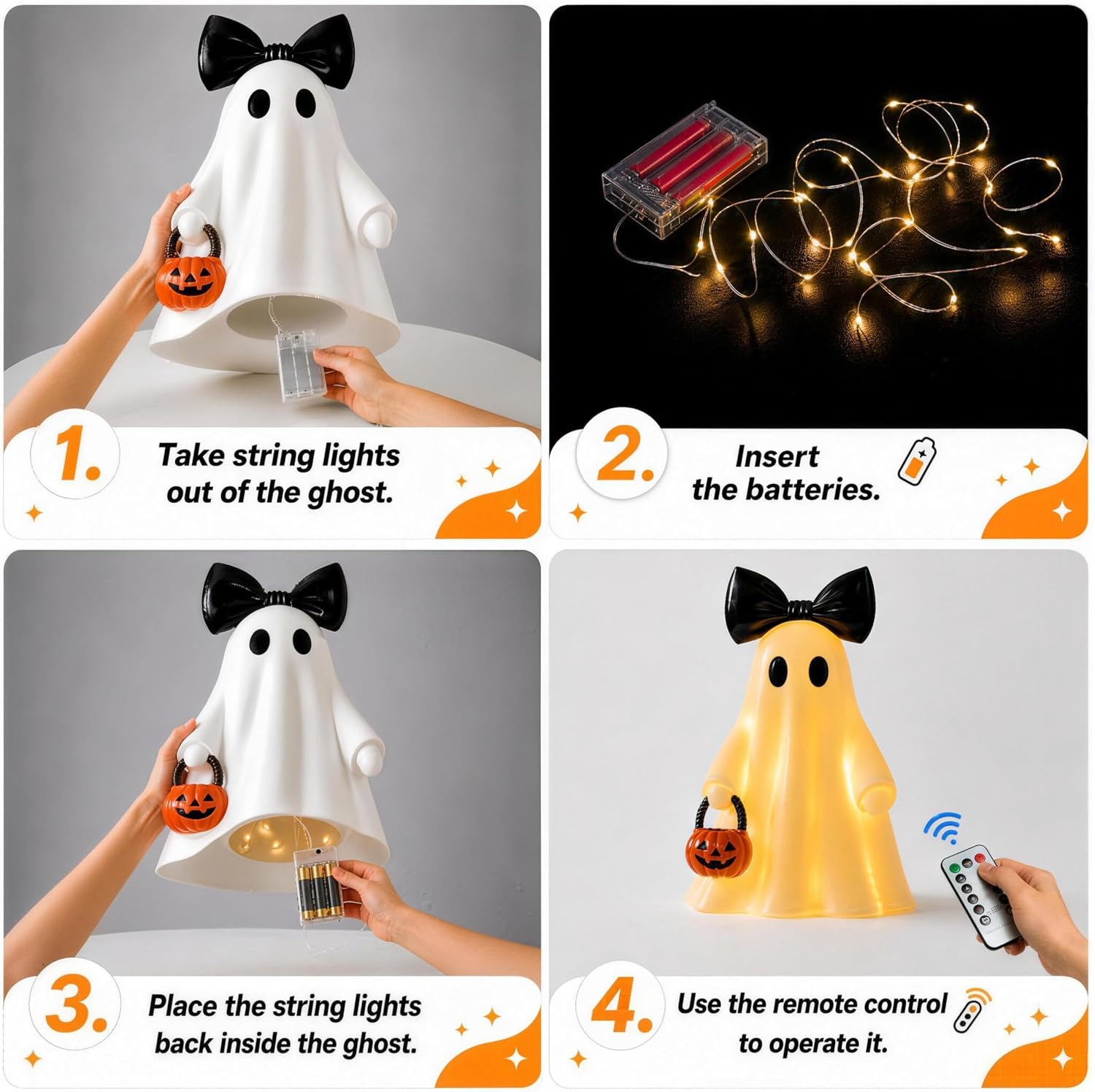 14 in Large Lighted White Ghost Figurine with Pumpkin Lantern&Remote Timer