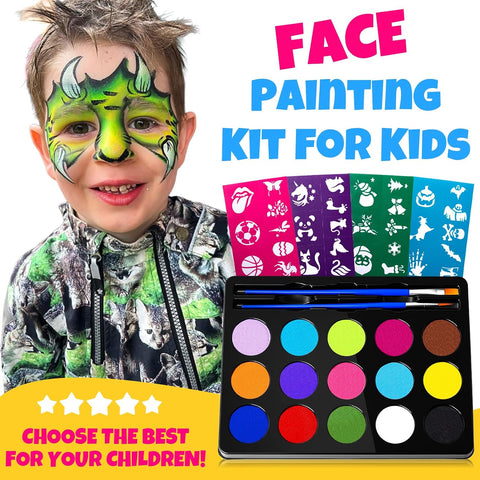 Drawdart Face Painting Kit for Kids - 15 Colors Non-Toxic Water Based Face Paint with Stencils & Brushes - Parties, Birthdays, Halloween Face Body Makeup Kit