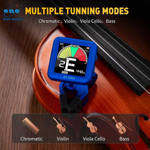 ENO MUSIC Rechargeable Type-C Quick Charge Easy Control Big LCD Display Easy Reading Clip-on Tuner for 4/4 Violin Viola Bass, Blue