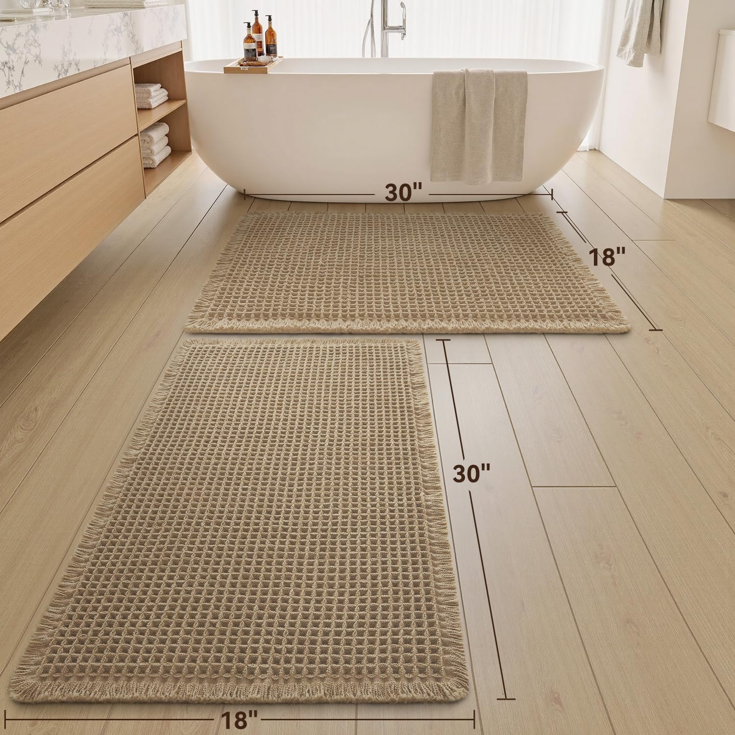 Upgraded Waffle Bath Mat Set of 2 Absorbent Non Slip Bathroom Mat 18" x 30"