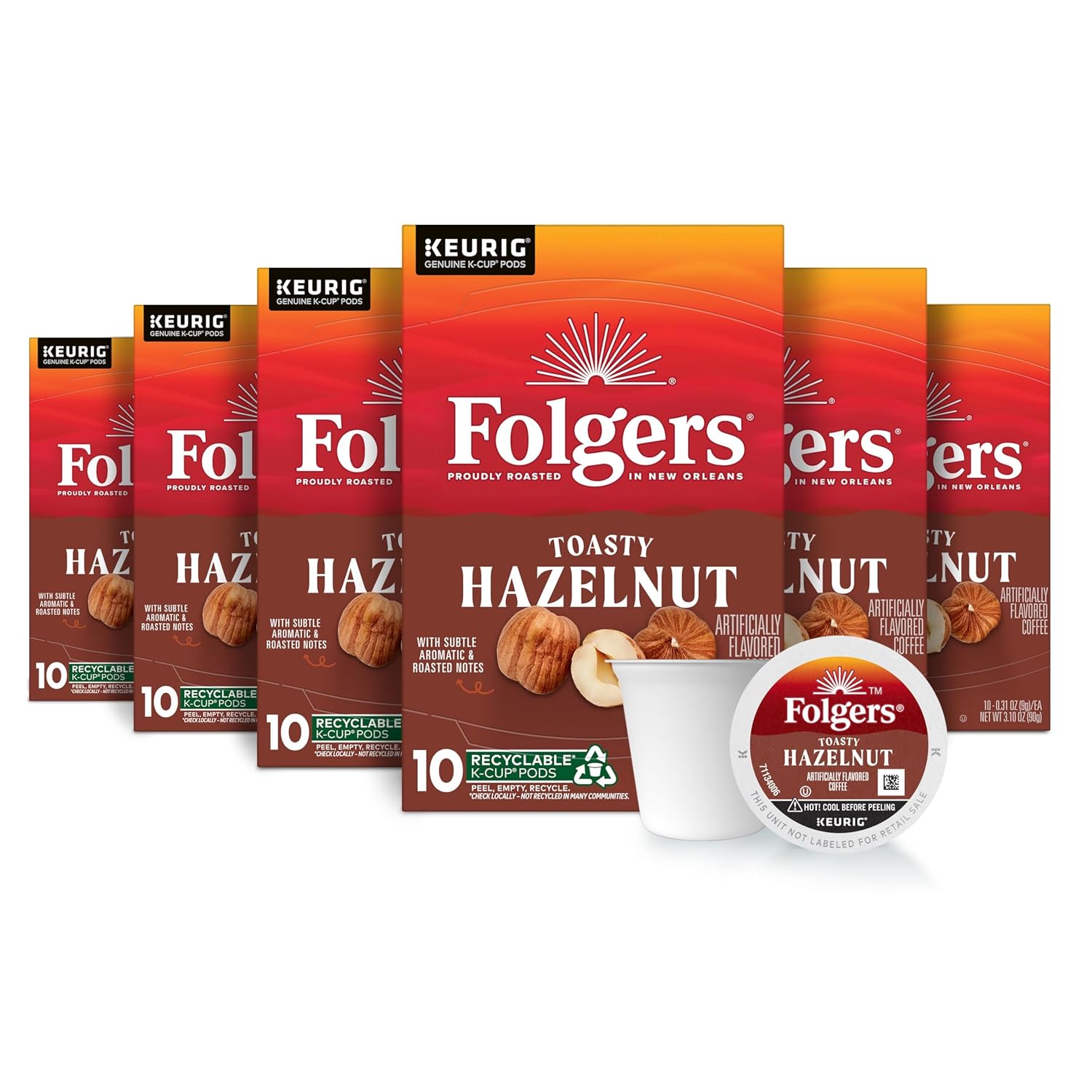 Folgers Toasty Hazelnut Artificially Flavored Coffee, K-Cup Pods, 60 Count | 6 (10 count) boxes, Medium roast coffee, Genuine K-Cup pods made to brew with your Keurig coffee maker