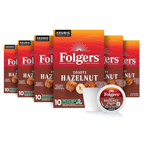 Folgers Toasty Hazelnut Artificially Flavored Coffee, K-Cup Pods, 60 Count | 6 (10 count) boxes, Medium roast coffee, Genuine K-Cup pods made to brew with your Keurig coffee maker