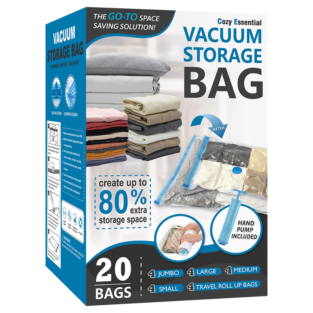 20 Pack Vacuum Storage Bags, Space Saver Bags (4 Jumbo/4 Large/4 Medium/4 Small/4 Roll) Compression for Comforters and Blankets, Sealer Clothes Storage, Hand Pump Included