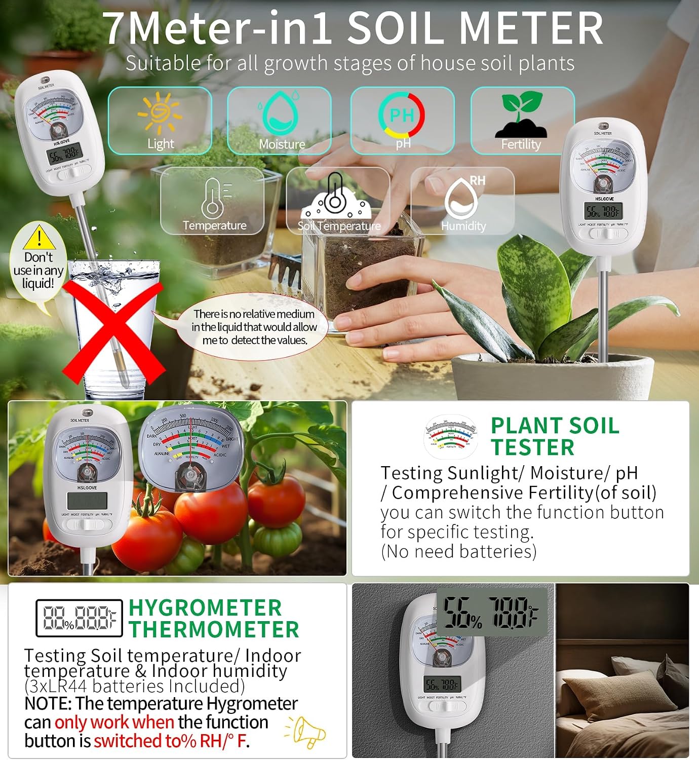 HSLGOVE Soil Test Kit, 7-in-One Soil Moisture Meter/Soil PH Meter/Fertility, Dual Screen Soil Tester w/Digital Soil Temp/Air Temp&Humidity for Plants Gardening,Lawn,Farm Indoor&Outdoor-Lvory White