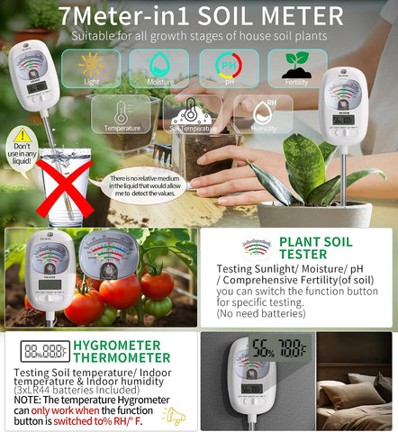 HSLGOVE Soil Test Kit, 7-in-One Soil Moisture Meter/Soil PH Meter/Fertility, Dual Screen Soil Tester w/Digital Soil Temp/Air Temp&Humidity for Plants Gardening,Lawn,Farm Indoor&Outdoor-Lvory White