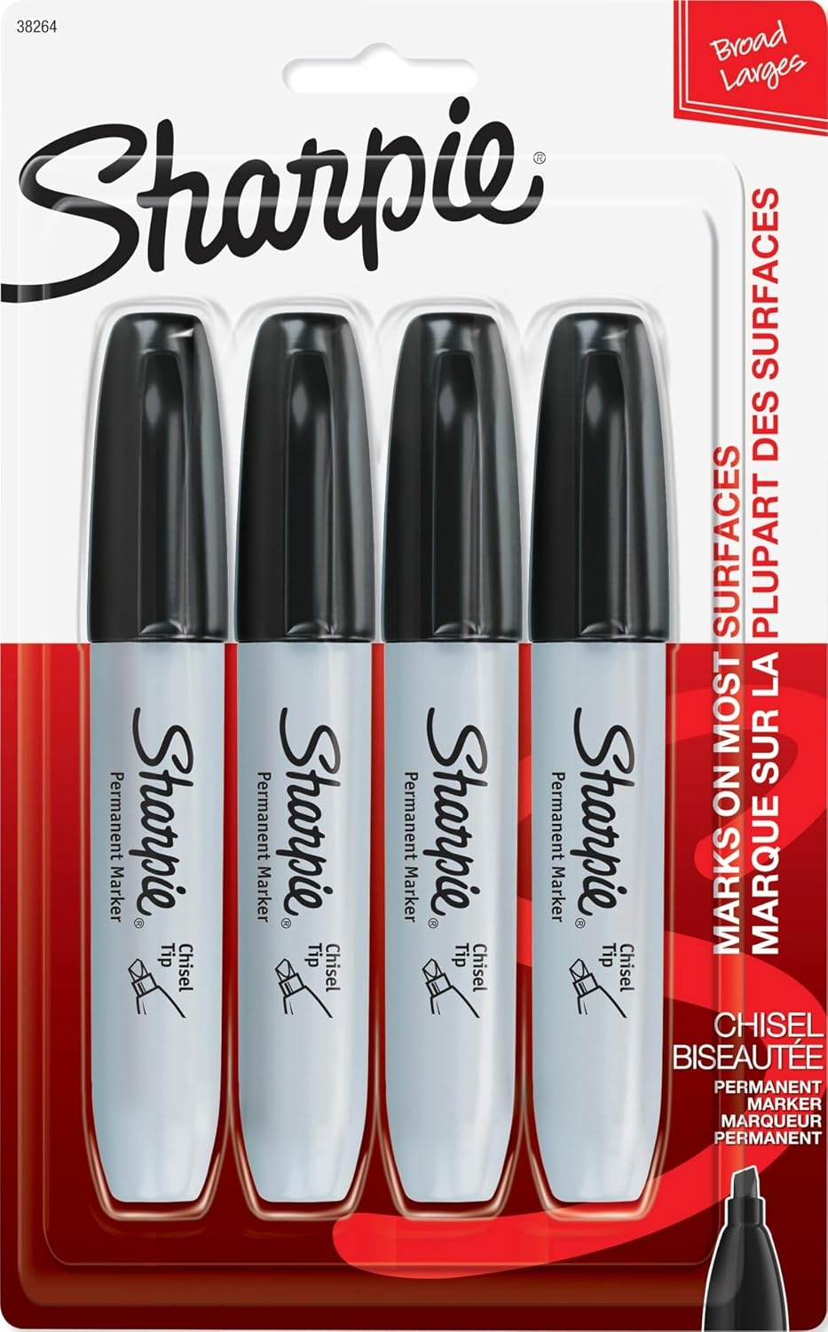 Sharpie Permanent Markers, Large, Chisel Tip, Black, 4 Count - Marks on Paper, Plastic, Metal, and More