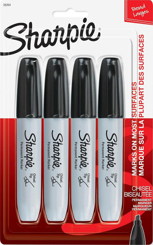 Sharpie Permanent Markers, Large, Chisel Tip, Black, 4 Count - Marks on Paper, Plastic, Metal, and More