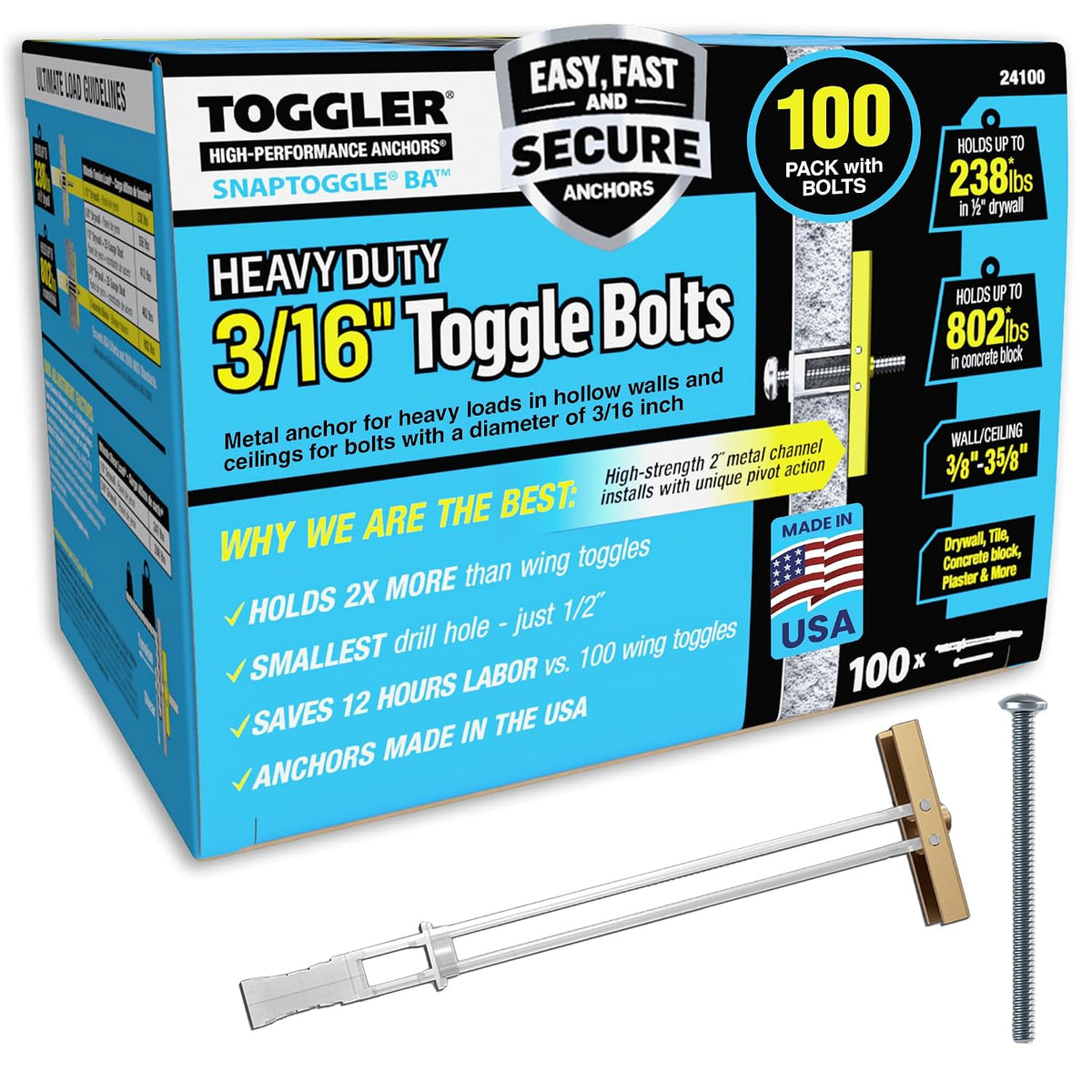 TOGGLER SNAPTOGGLE Toggle Bolt 3/16-24 UNC, 100 Pack, Round Head