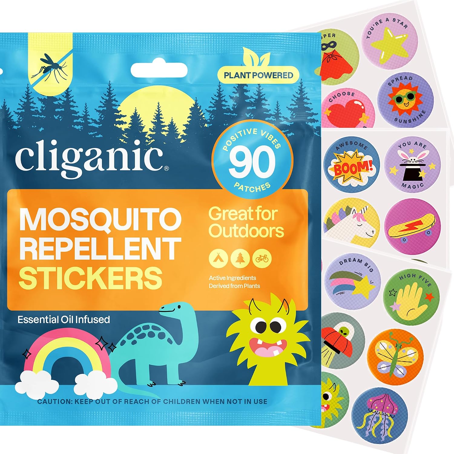Cliganic Mosquito Repellent Stickers for Kids (90 Pack) - Positive Vibes Patches, Natural DEET-Free, Essential Oil Infused, Insect Repelling Garments
