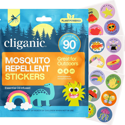 Cliganic Mosquito Repellent Stickers for Kids (90 Pack) - Positive Vibes Patches, Natural DEET-Free, Essential Oil Infused, Insect Repelling Garments