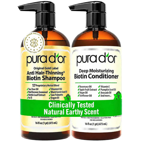 PURA D'OR Gold Label Anti-Thinning Biotin Shampoo & Conditioner, 16oz x2 | Thicker-Looking Hair, Clinically Tested, Botanical Extracts, Aloe Vera Base, Men & Women, Sulfate-Free, Natural Earthy Scent