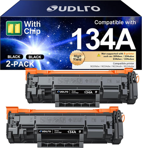 134A Black Toner Cartridge 2-Pack Replacement for HP 134A 134X (with Chip)