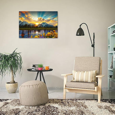 SKASNFAI Grand Teton National Park Wall Art Sunflower Landscape Canvas Mountain Artwork Landscape Print for Living Room Framed (20x30 inch)