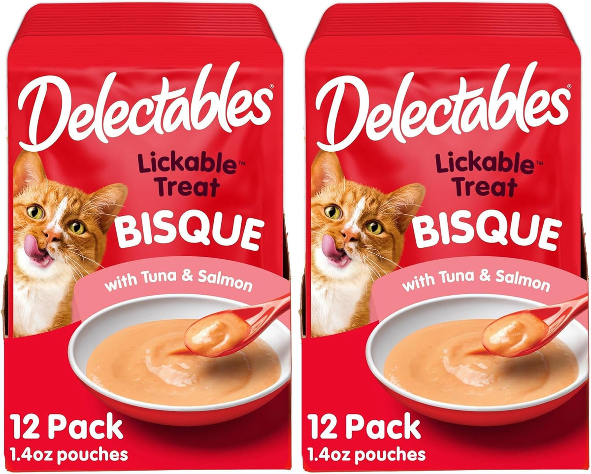 Delectables Lickable Treat Bisque Wet Cat Treat with Real Tuna & Salmon,Food Topper,Hydrating,Grain-Free,No Fillers,No by-Products,No-Added Preservatives,1.4oz Pouch,(Pack of 24)