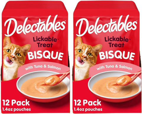 Delectables Lickable Treat Bisque Wet Cat Treat with Real Tuna & Salmon,Food Topper,Hydrating,Grain-Free,No Fillers,No by-Products,No-Added Preservatives,1.4oz Pouch,(Pack of 24)